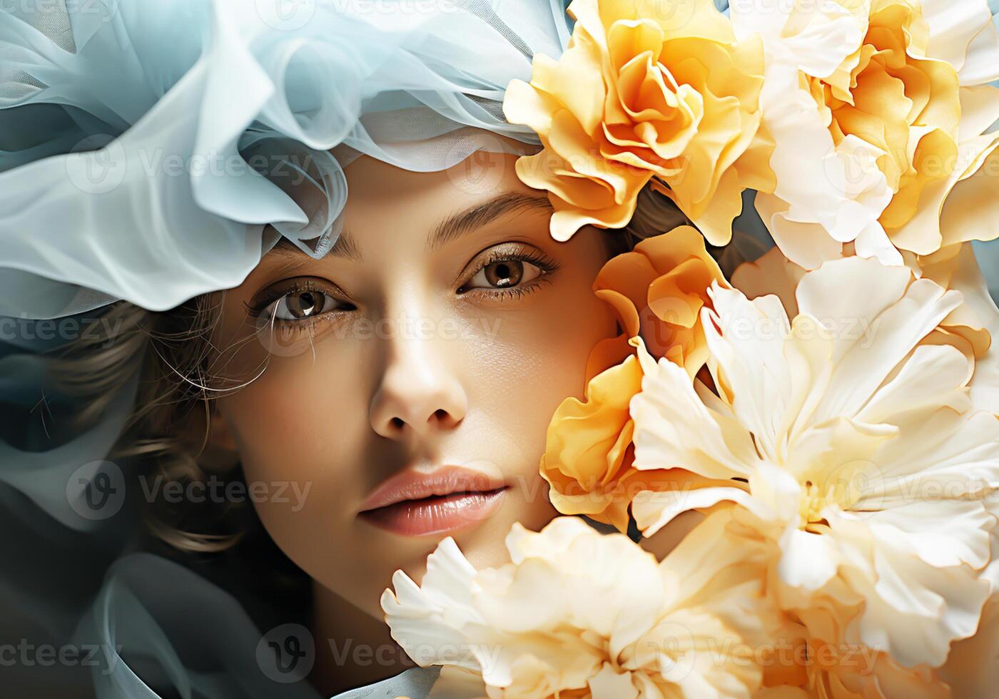 AI generated Woman surrounded by flowers. Serenity and tranquility. Woman's Day. Tradition and culture photo