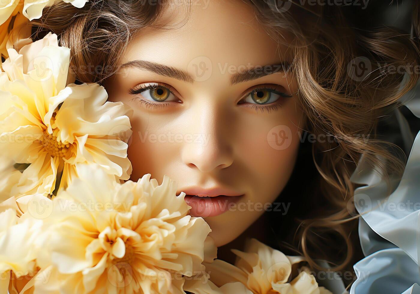AI generated Woman surrounded by flowers. Serenity and tranquility. Woman's Day. Tradition and culture photo
