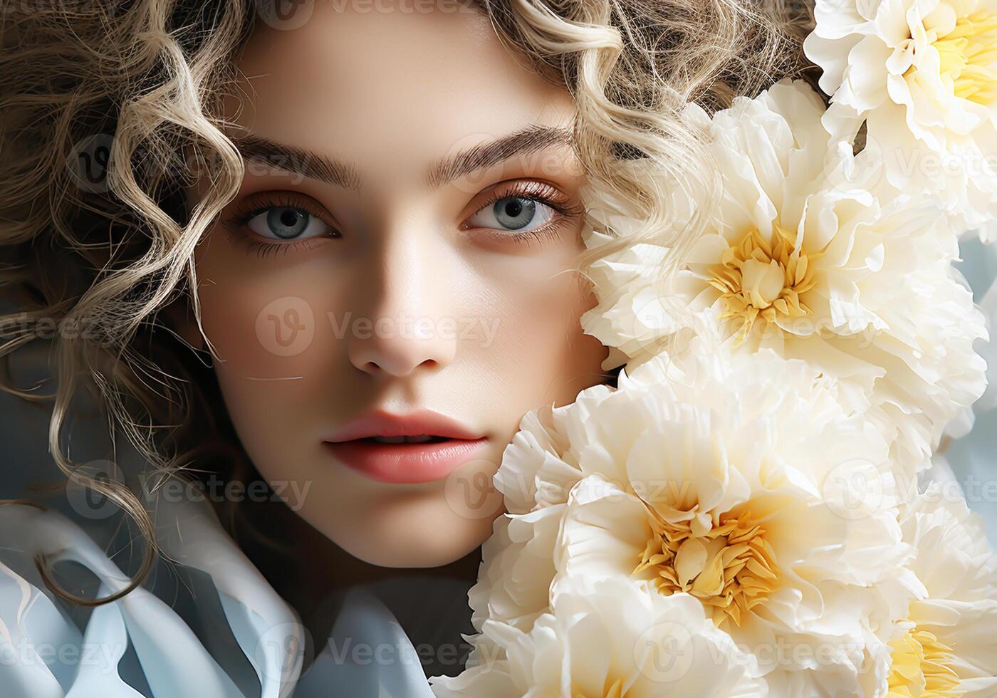 AI generated Woman surrounded by flowers. Serenity and tranquility. Woman's Day. Tradition and culture photo