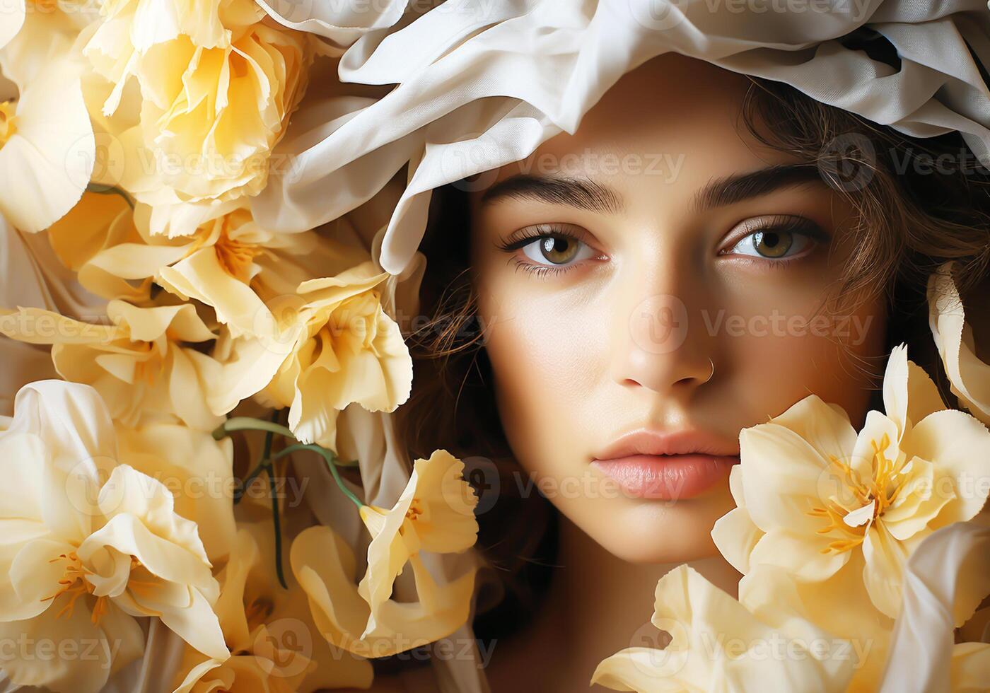 AI generated Woman surrounded by flowers. Serenity and tranquility. Woman's Day. Tradition and culture photo