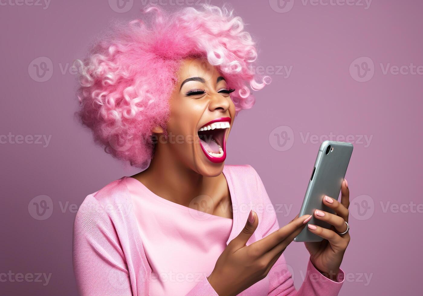 AI generated Eccentric happy woman with afro hair and cell phone. Lifestyle concept. photo