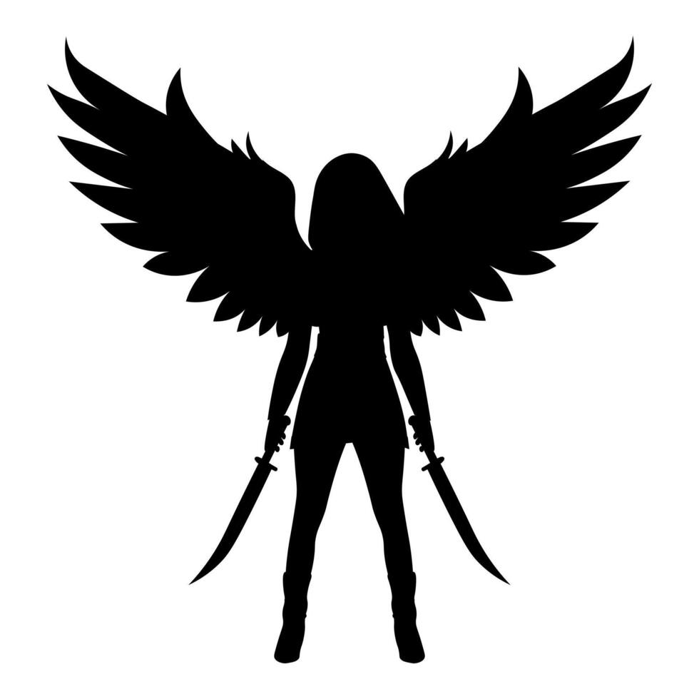 silueta guerrero mujer con espadas y alas. vector ilustración