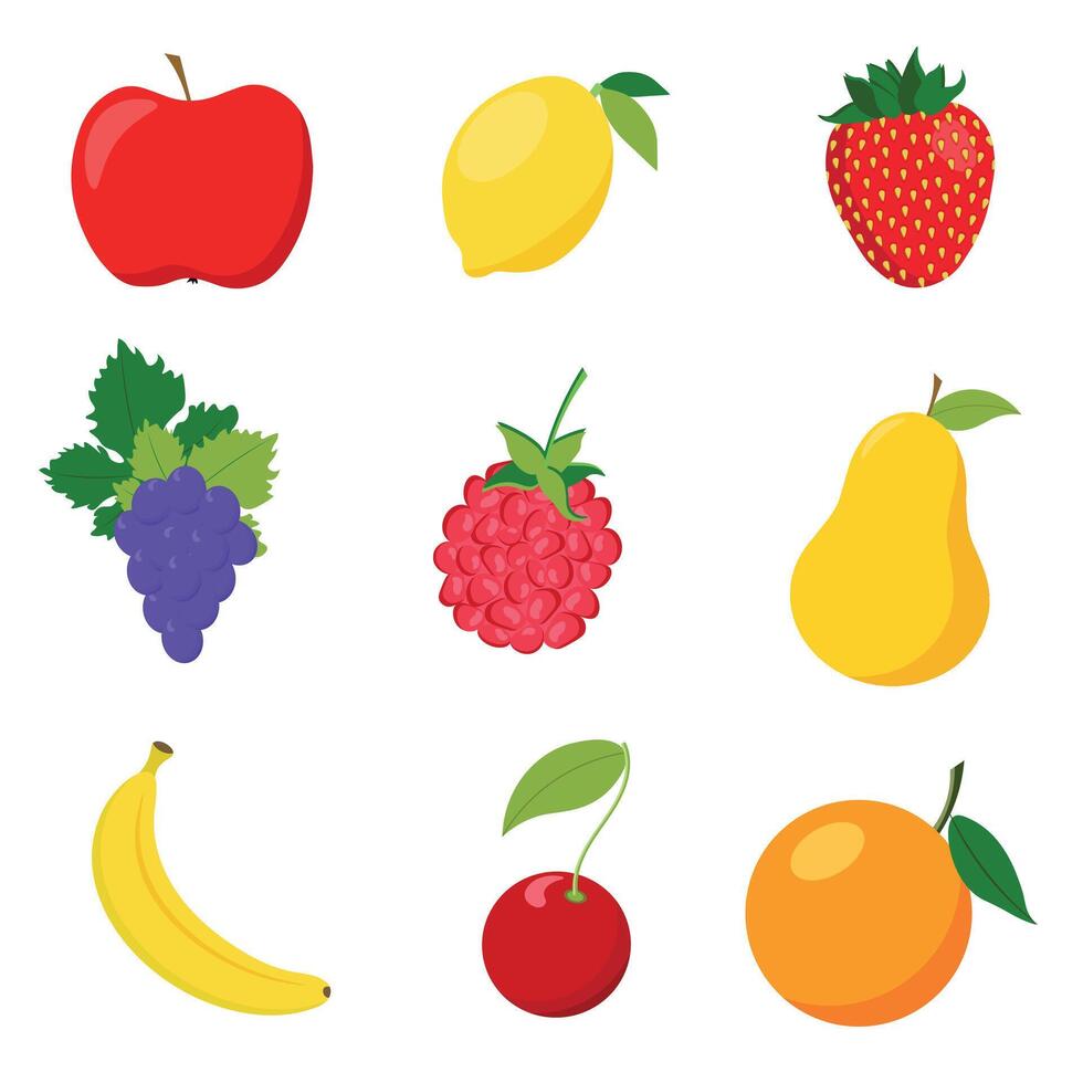 conjunto de frutas, manzana, banana, naranja, limón, frambuesa, cereza, pera, uva vector