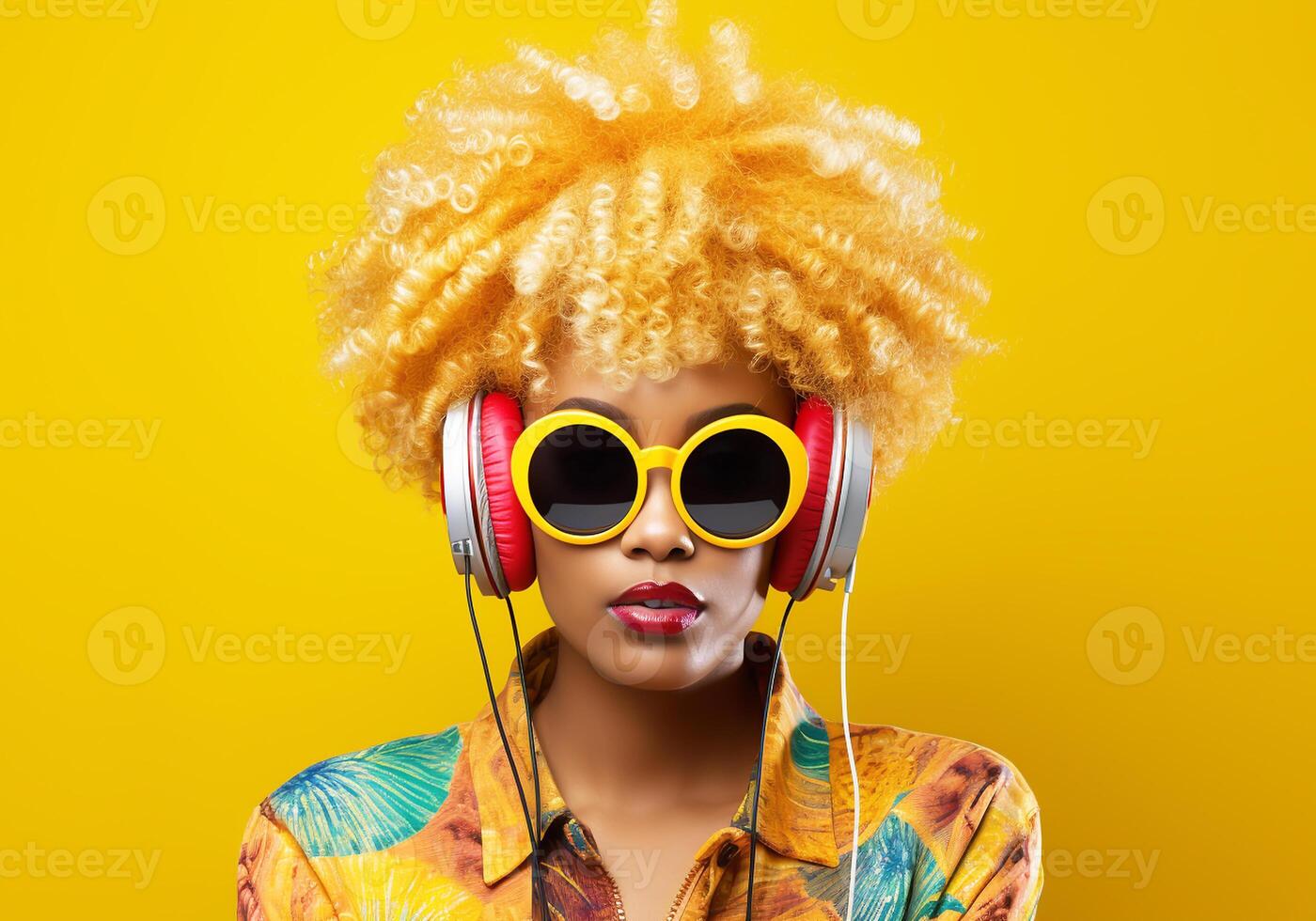 AI generated Eccentric happy woman with afro hair and headphones. Lifestyle concept photo