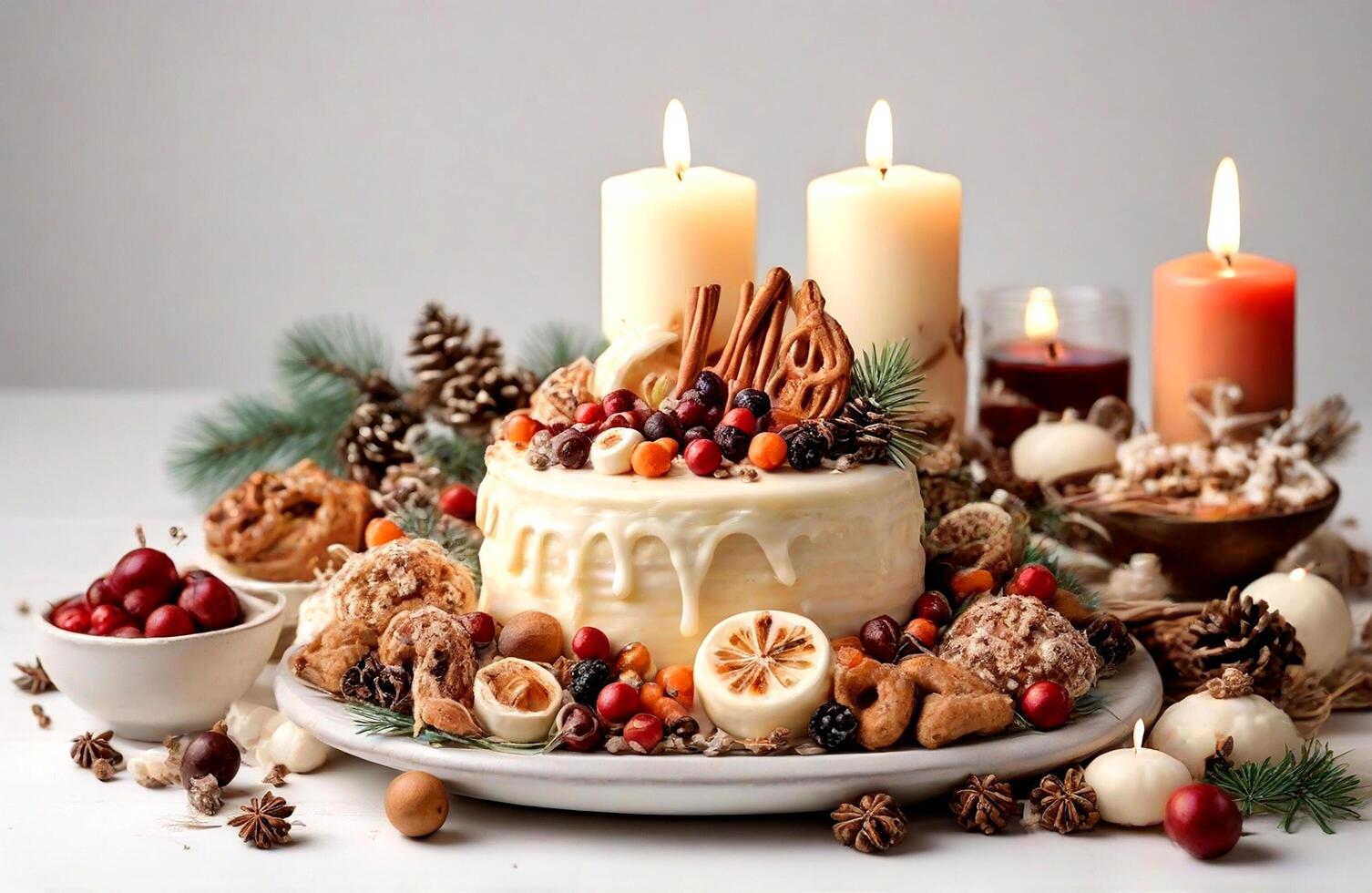 AI generated Delicious christmas food and candle on white background photo