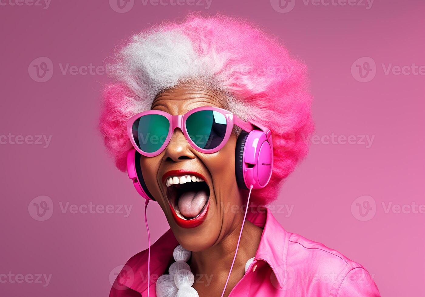 AI generated Eccentric happy woman with afro hair and headphones. Lifestyle concept photo