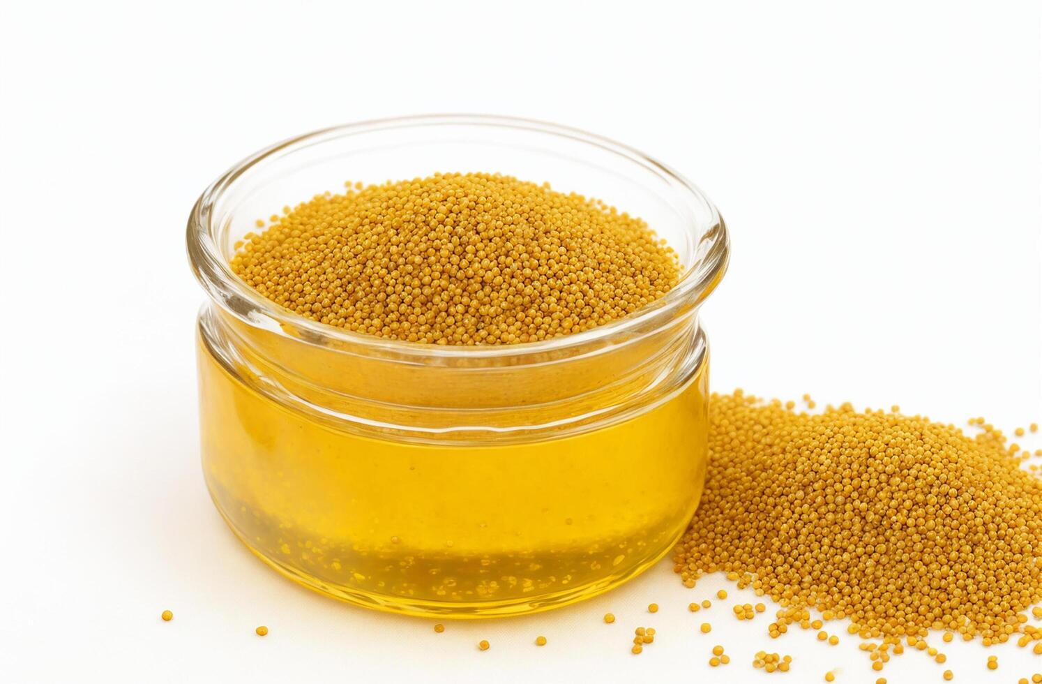 AI generated Mustard seeds oil on white background photo