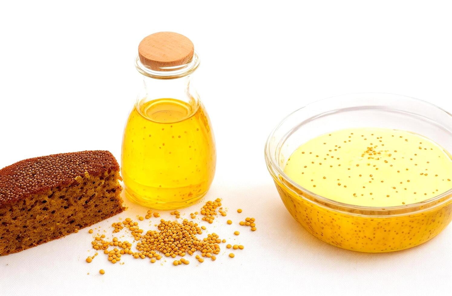 AI generated Mustard seeds oil and cake on white background photo