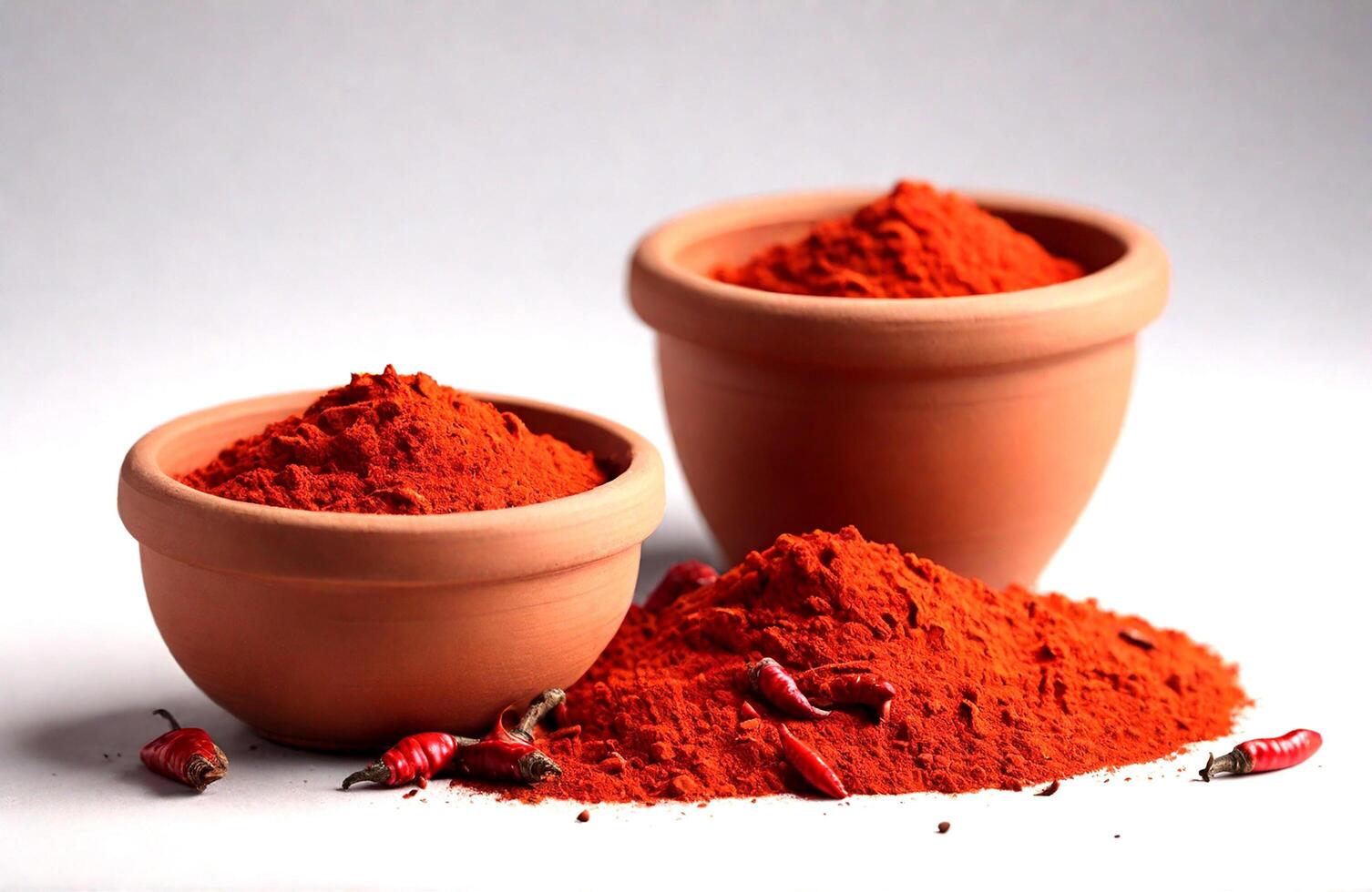 AI generated Chilly powder with red chilly in clay pots isolated on white background photo