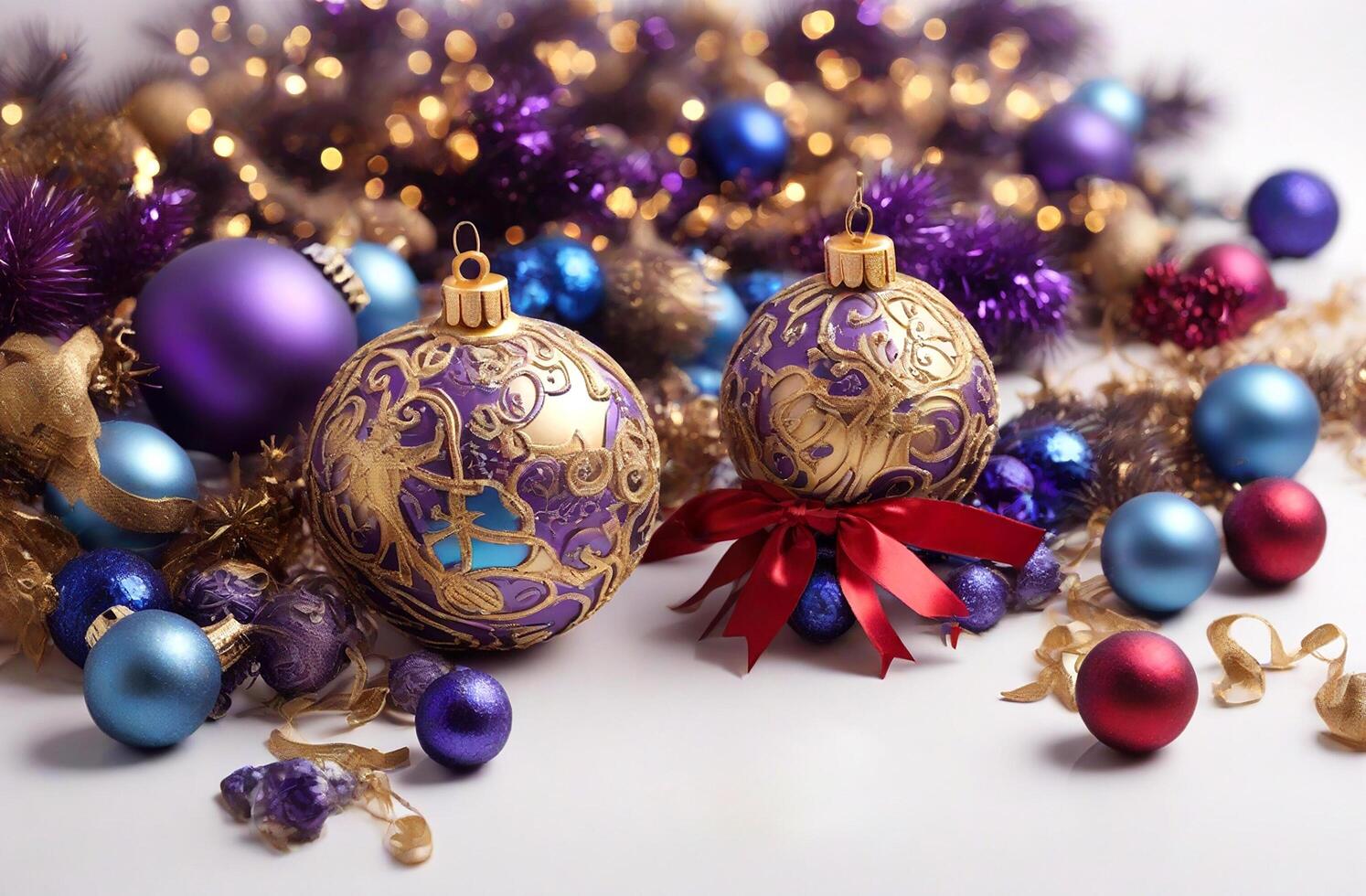 AI generated Festival Christmas time and luxury golden purple blue Christmas ball and decoration. photo