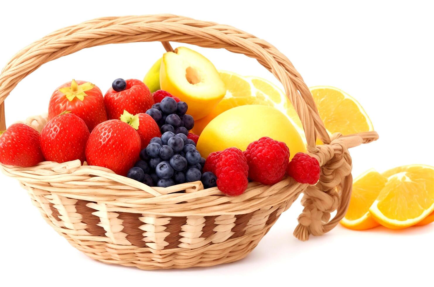 AI generated Basket with fruits isolated on white background photo