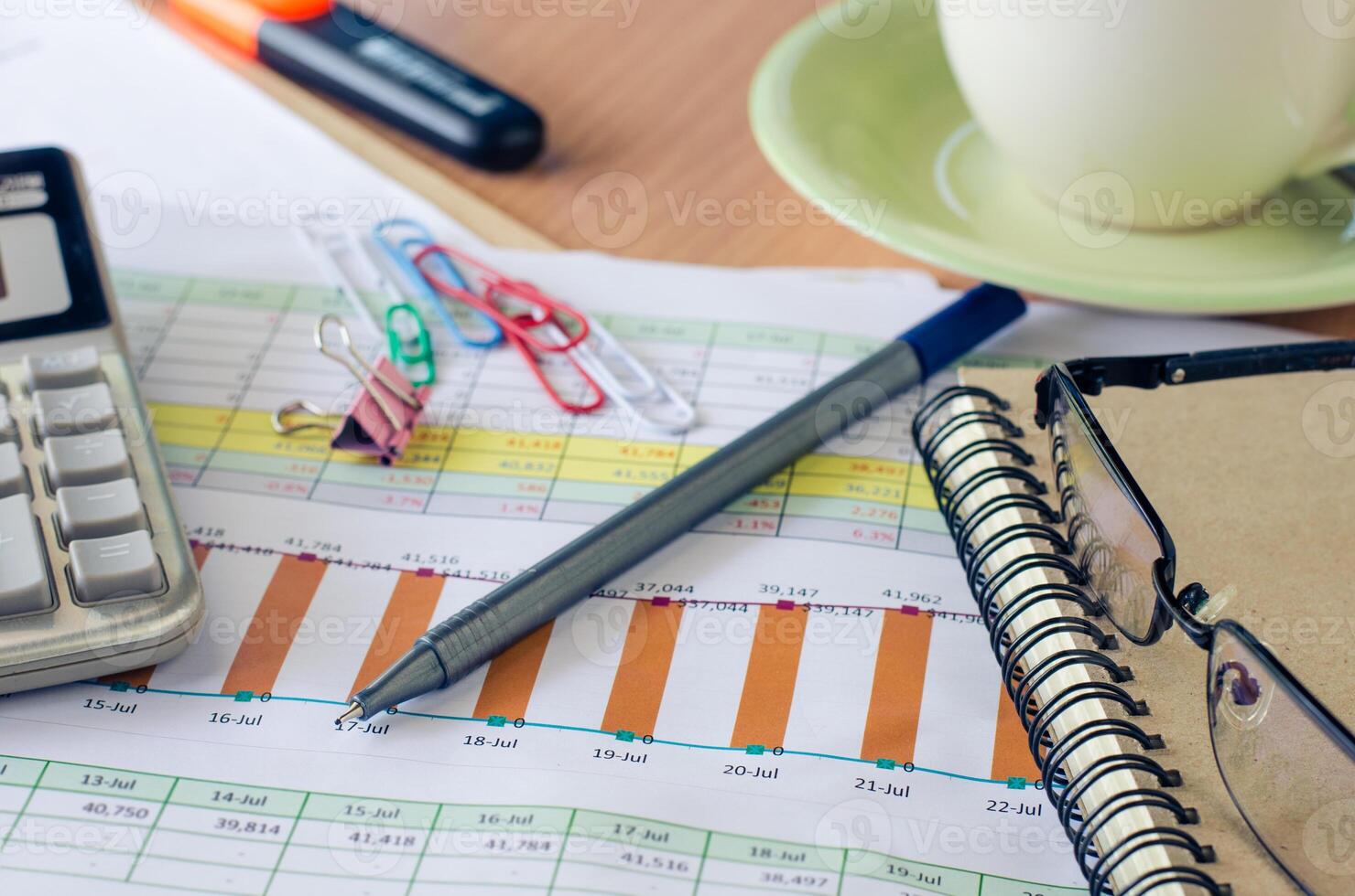 Data Graphing Calculator, pen, glasses and a cup of coffee and put on your desk. photo