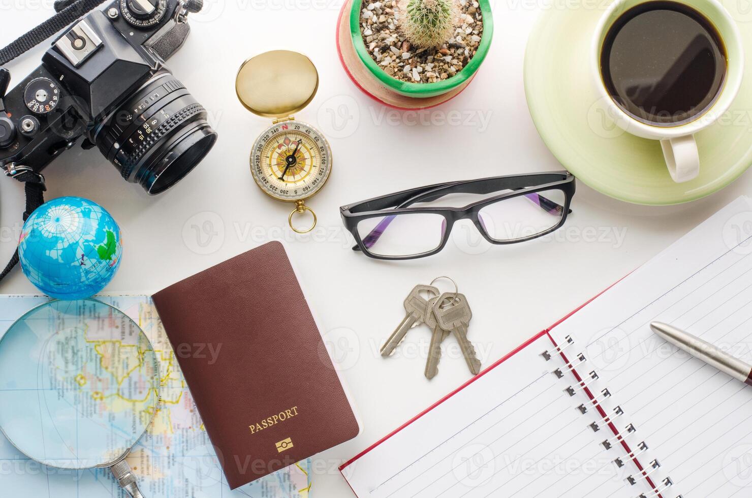 Tourism planning and costume for the trip on white background photo