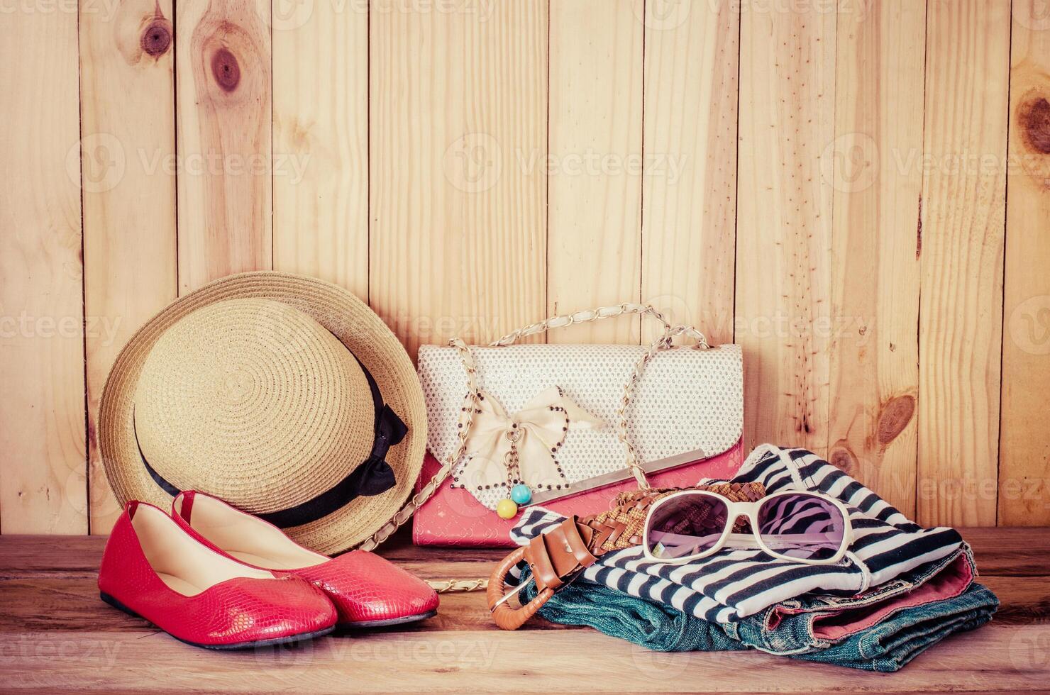 Clothing for women on the wooden floor photo