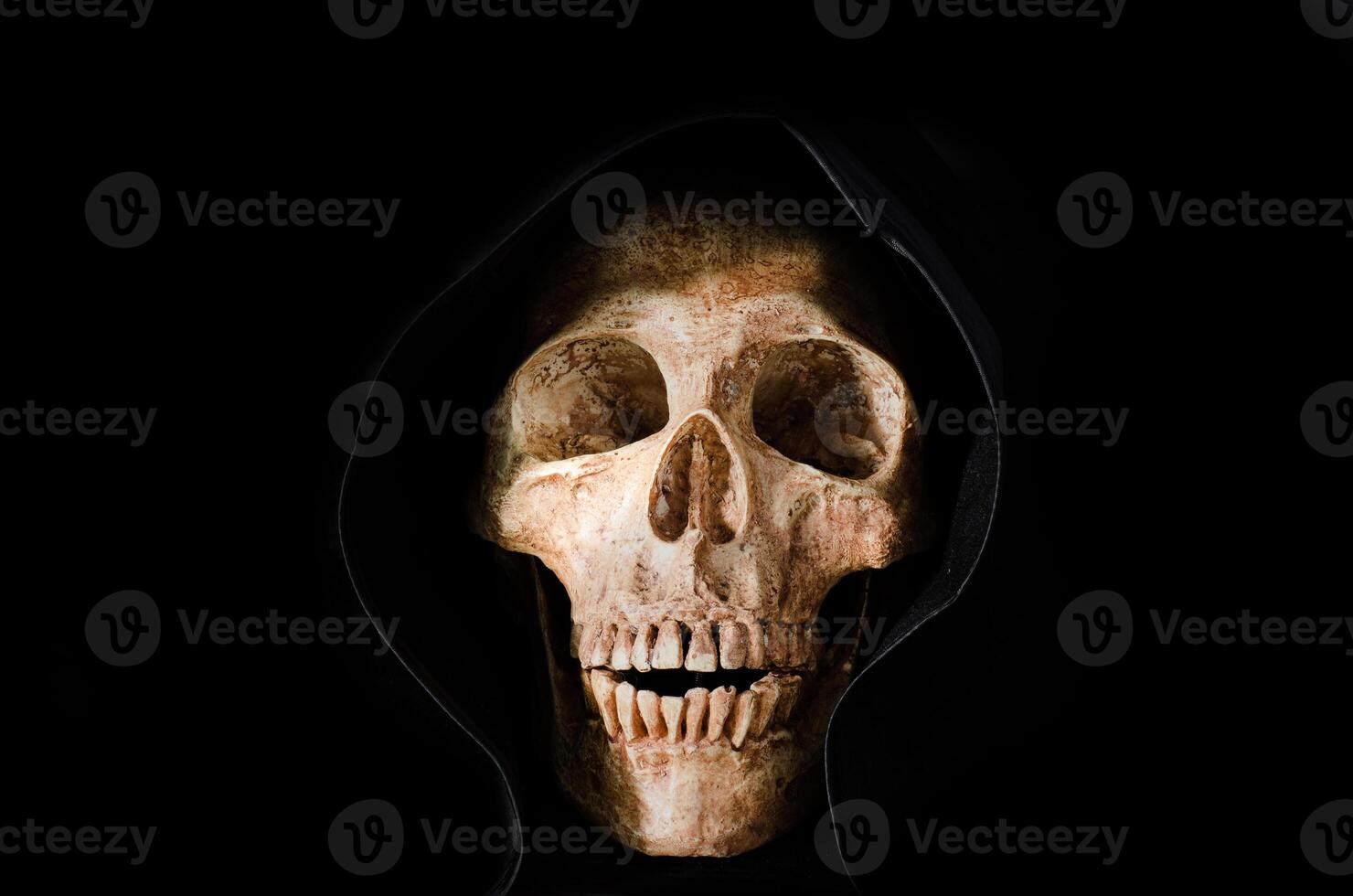 Still life the human skull on black background photo
