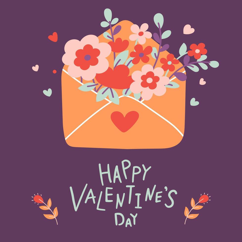 Valentines day card. Letter with flowers and hand lettering on purple background. Flat style. Cartoon vector illustration