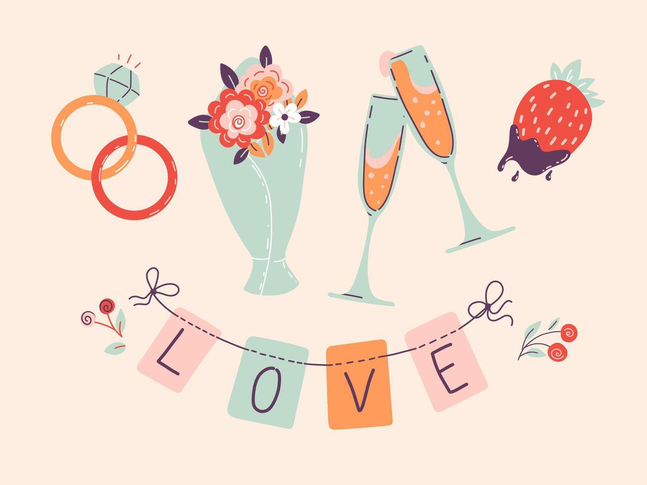 Valentines day card. Champagne glasses, floral bouquet, strawberries and wedding rings. Flat style. Cartoon vector illustration