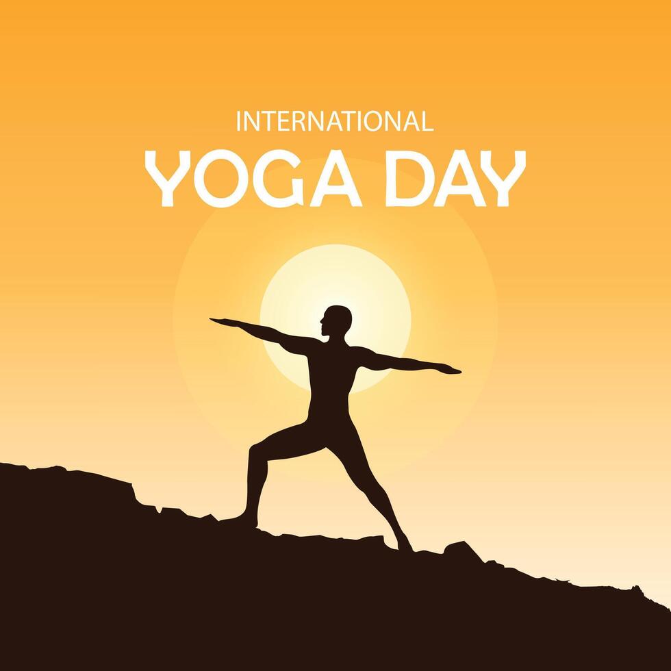 international yoga day poster with silhouette of man doing yoga vector