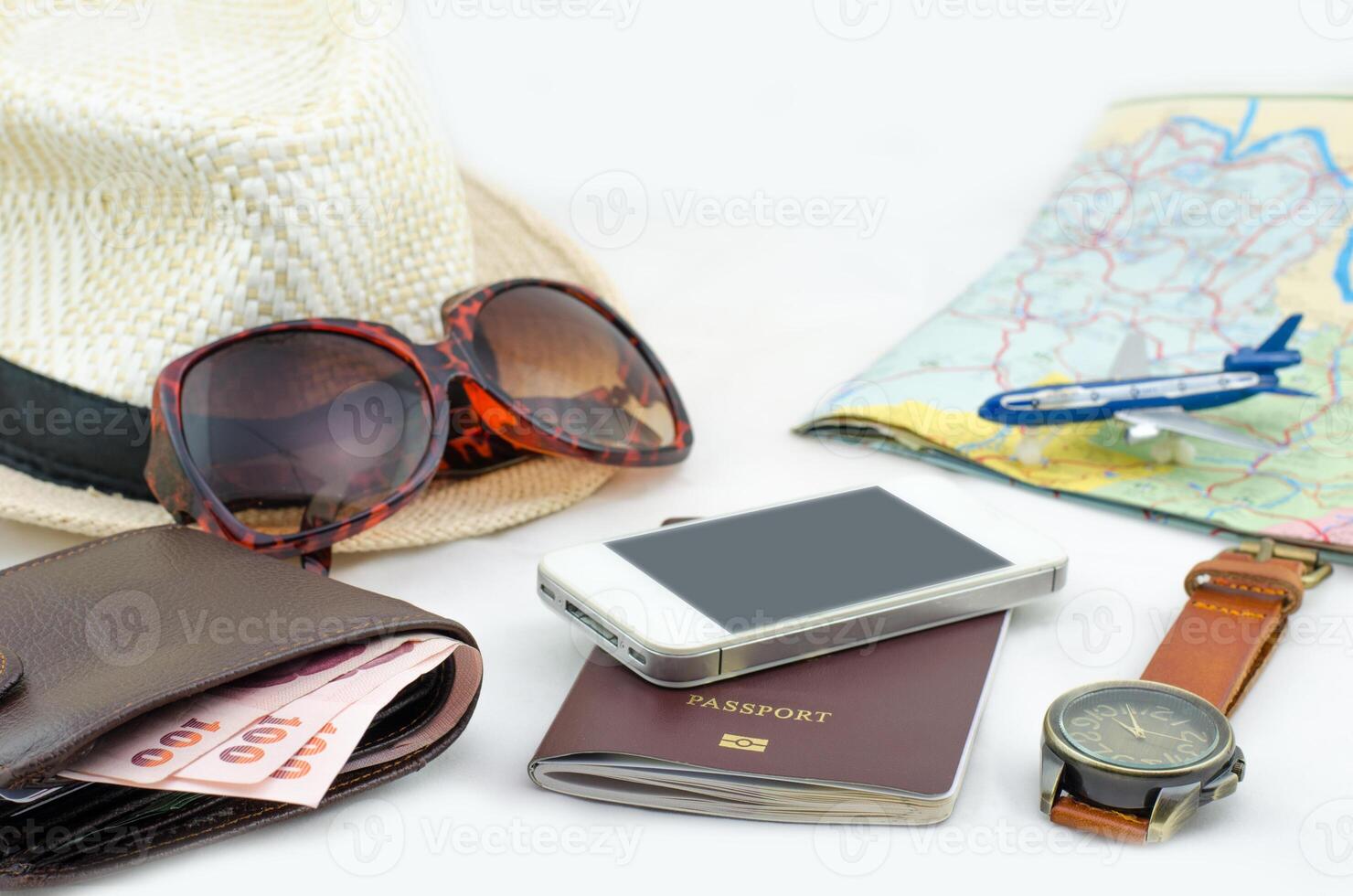 Tourism planning and equipment needed for the trip on the white background photo