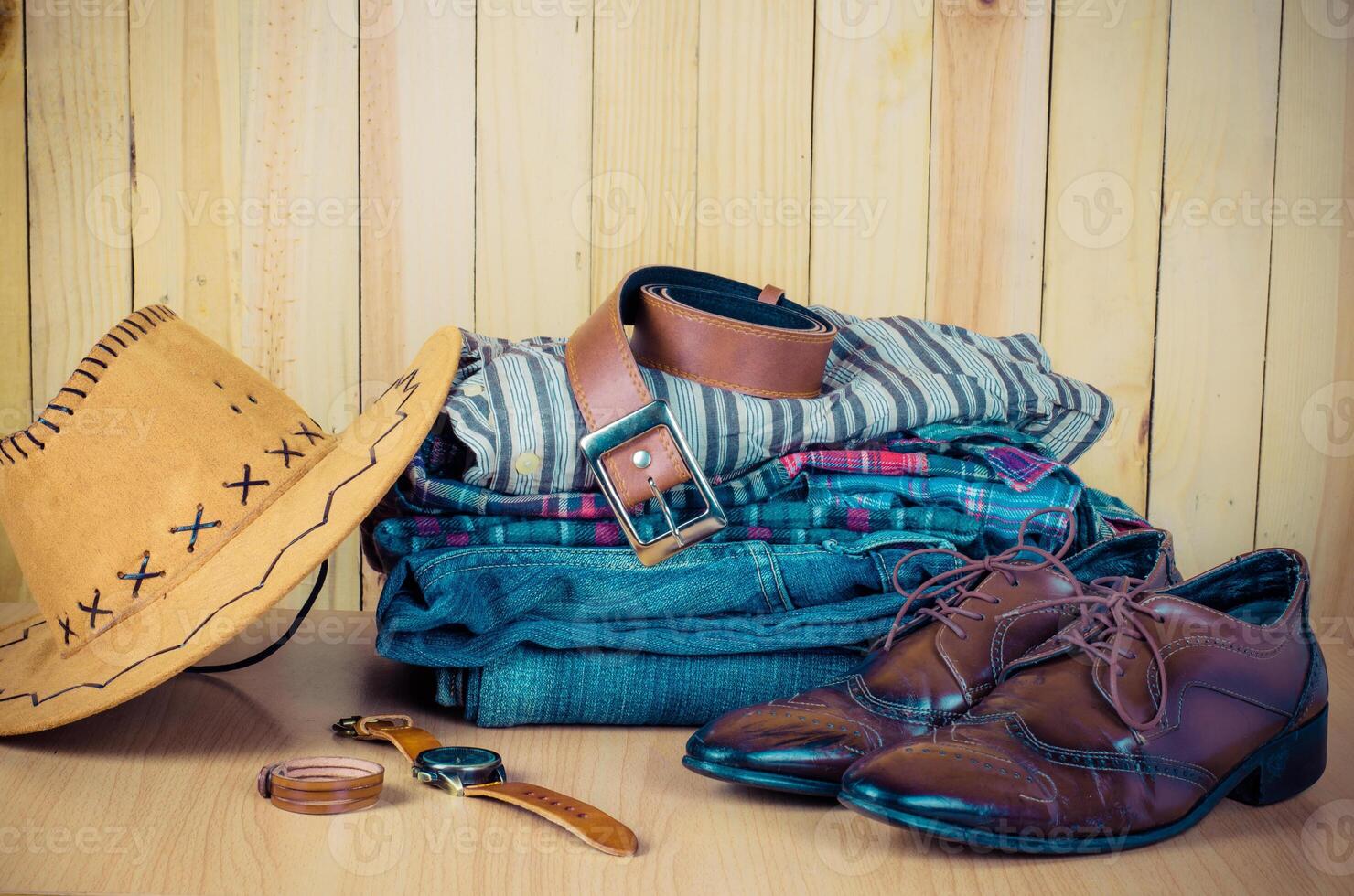 Clothing for mens on the wooden floor photo