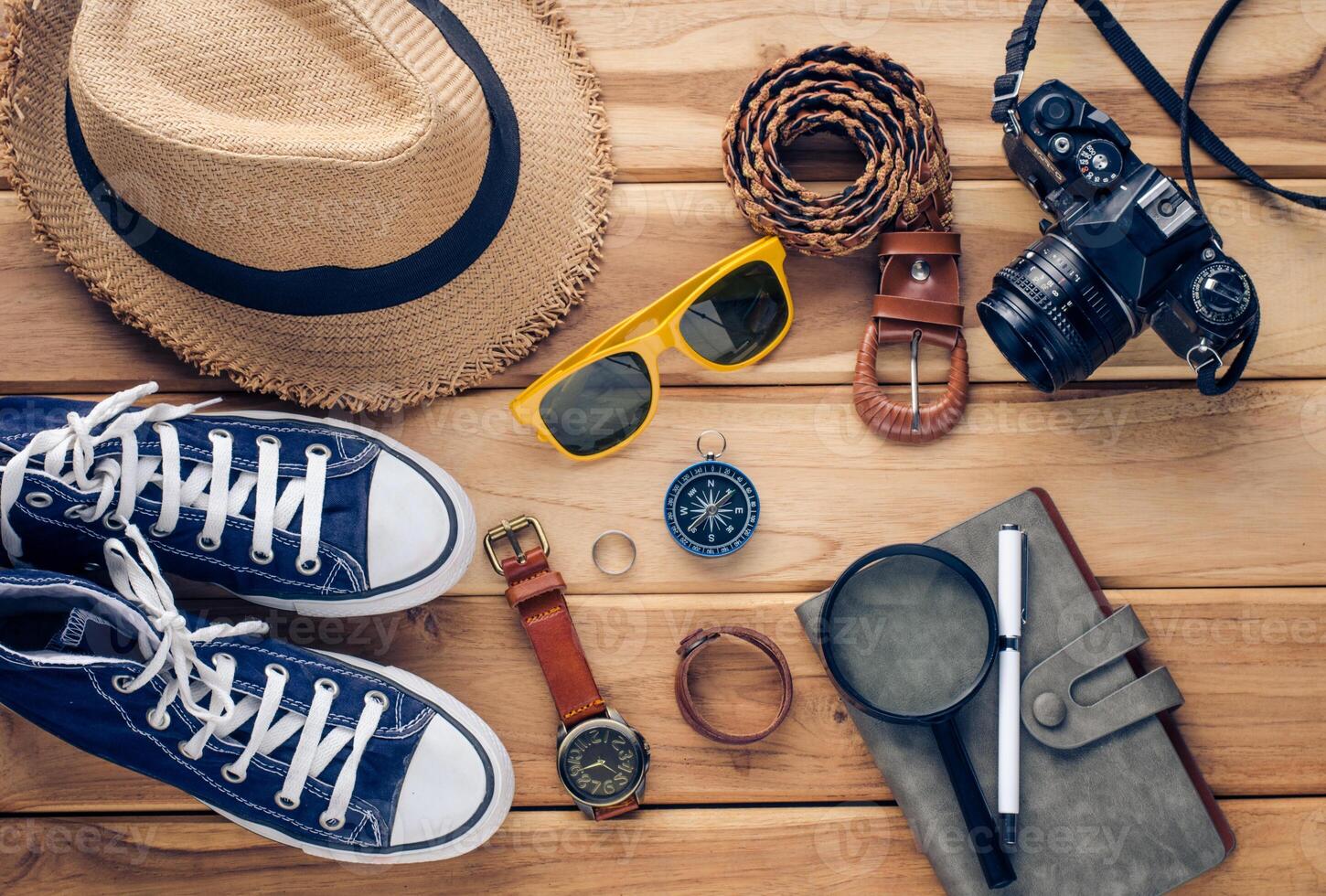 Travel accessories for trip on wood photo