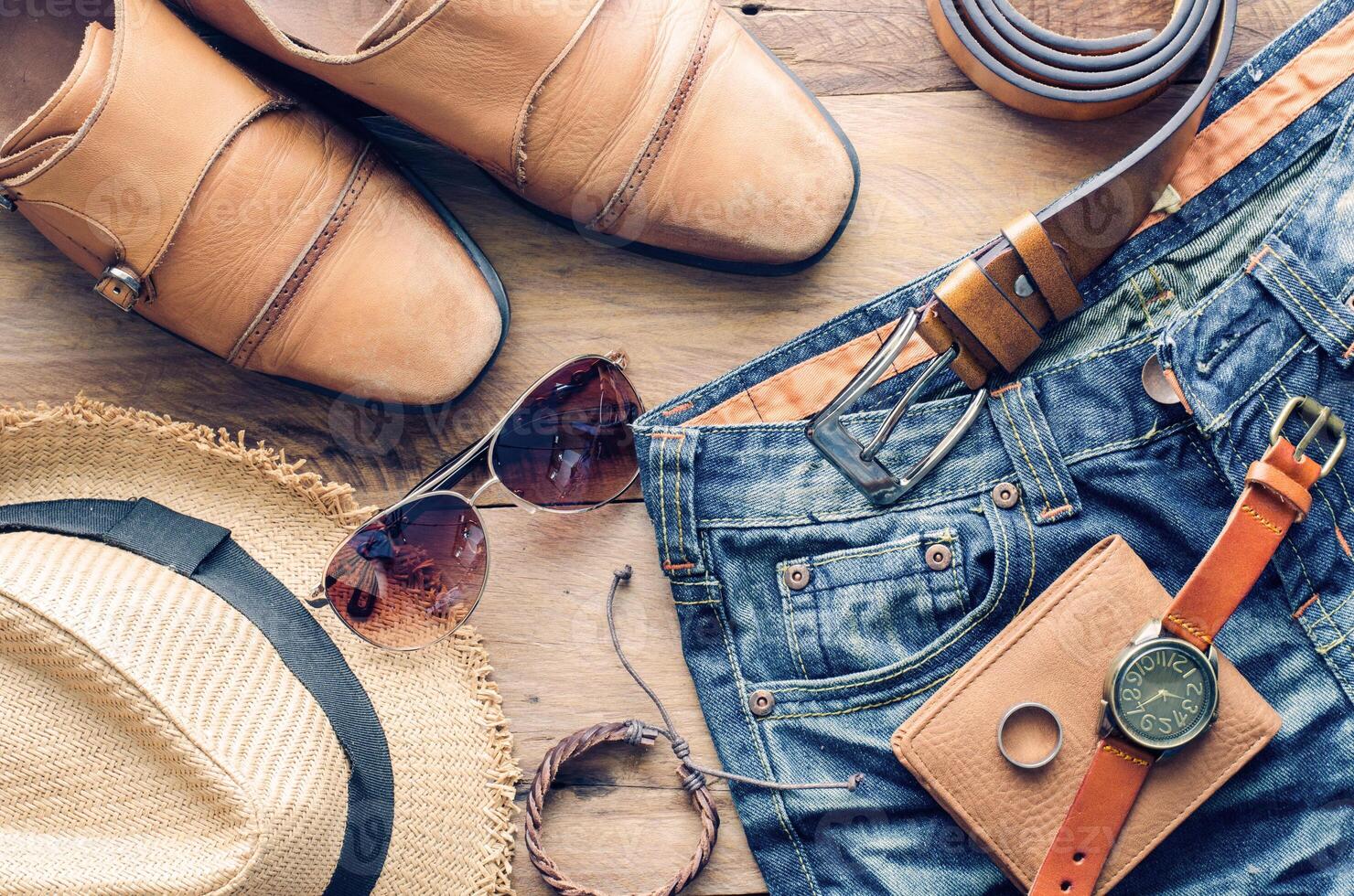 accessories for men on the wooden floor photo