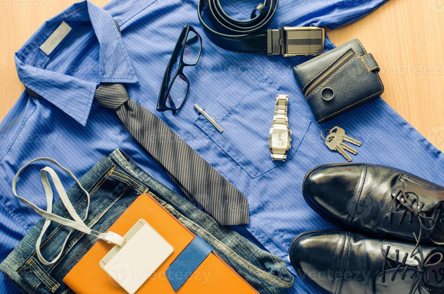 Costume for work and accessory on a wood floor photo