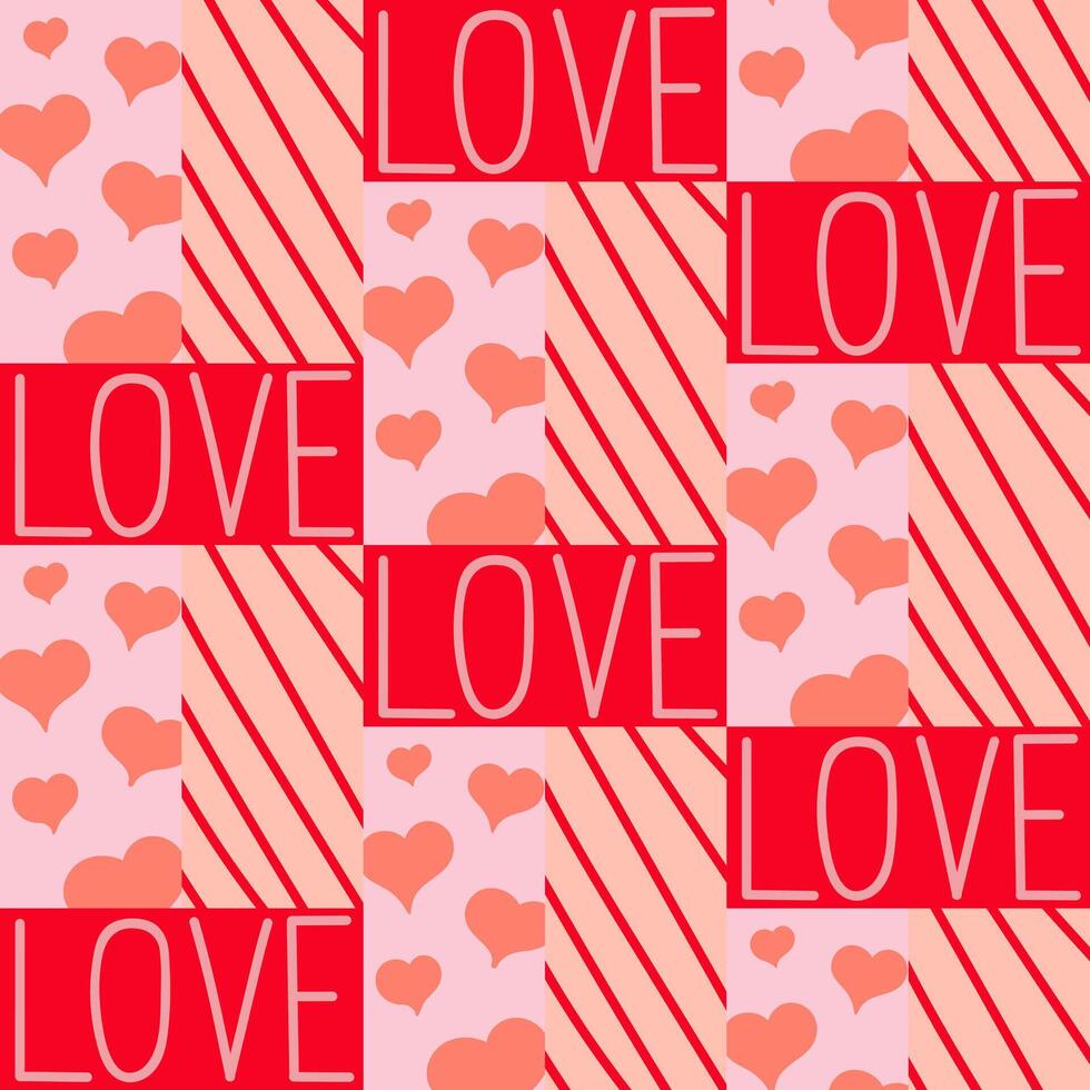 Vector abstract, seamless geometric pattern of pink tiles with a heart and the inscription love, for Valentine s Day. Fashionable cage. for print, paper, Internet, social networks.