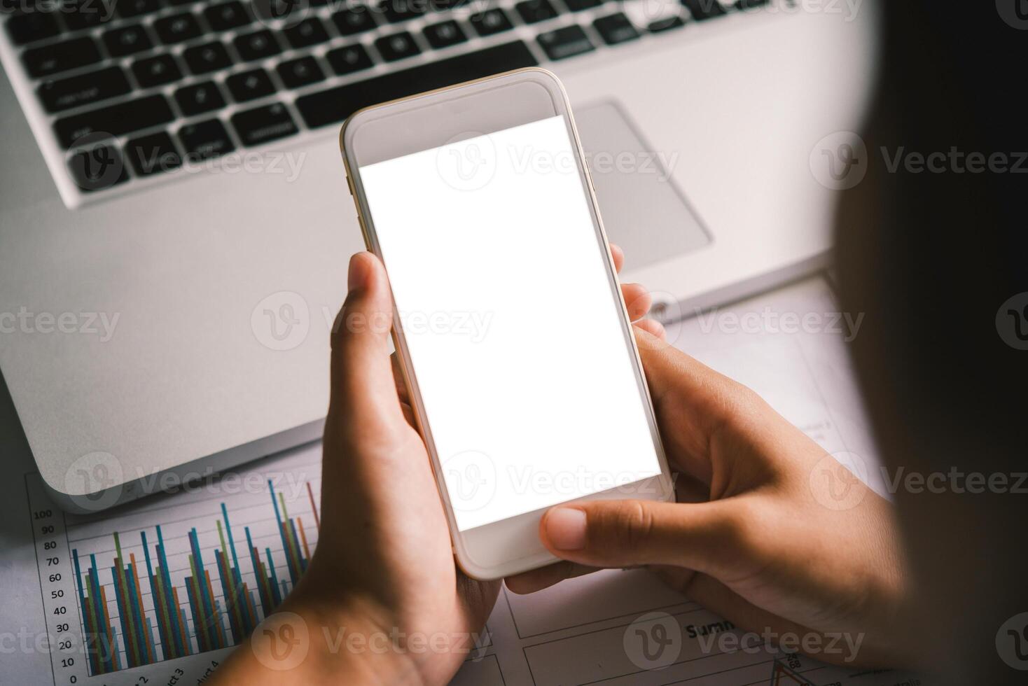 hands business holding blank screen mobile in desk work. photo