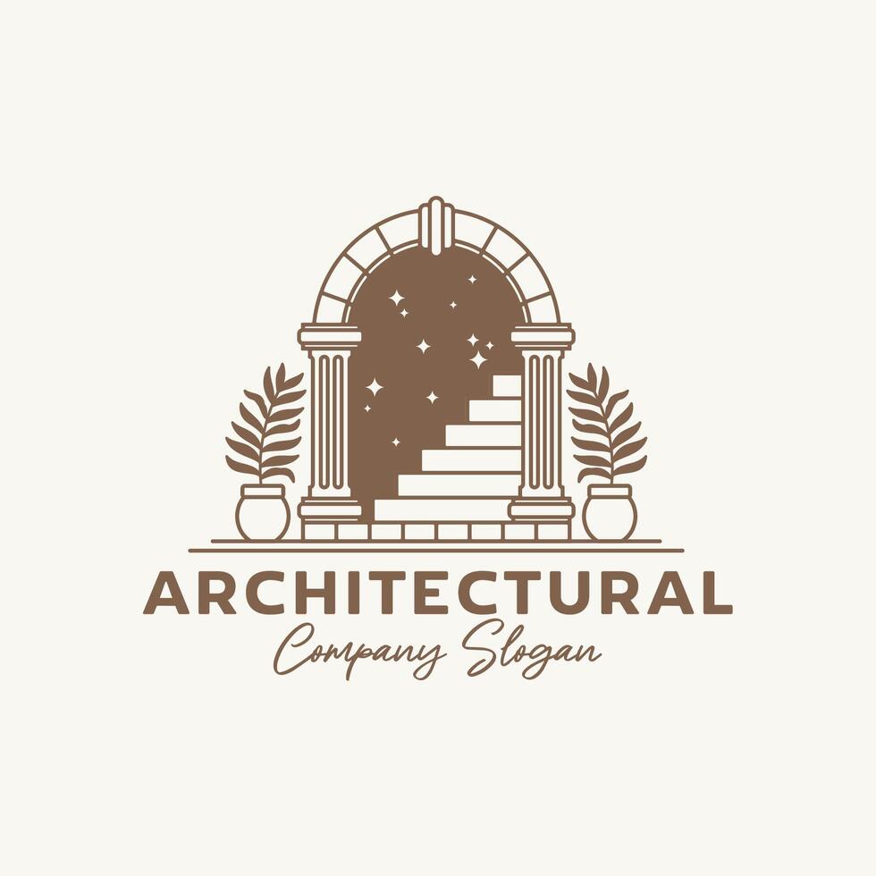 Antique arch logo template. Vintage gate vector design. Arched construction logotype