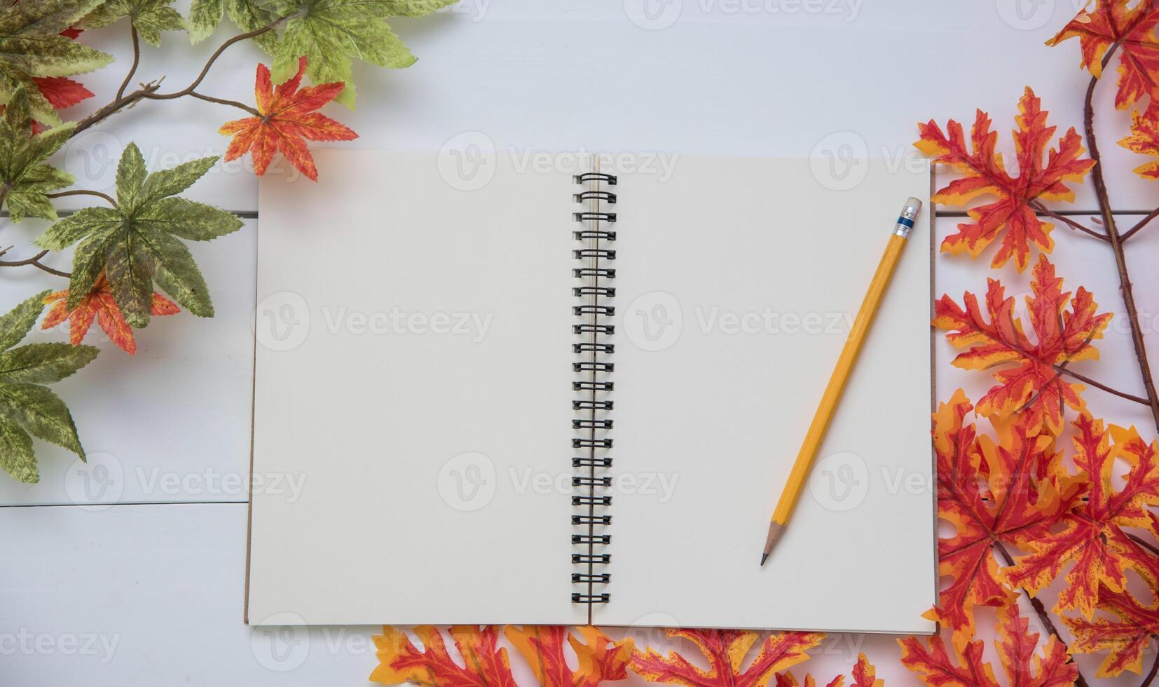 The leaves of the Maple and notebook are placed on a white wooden floor photo