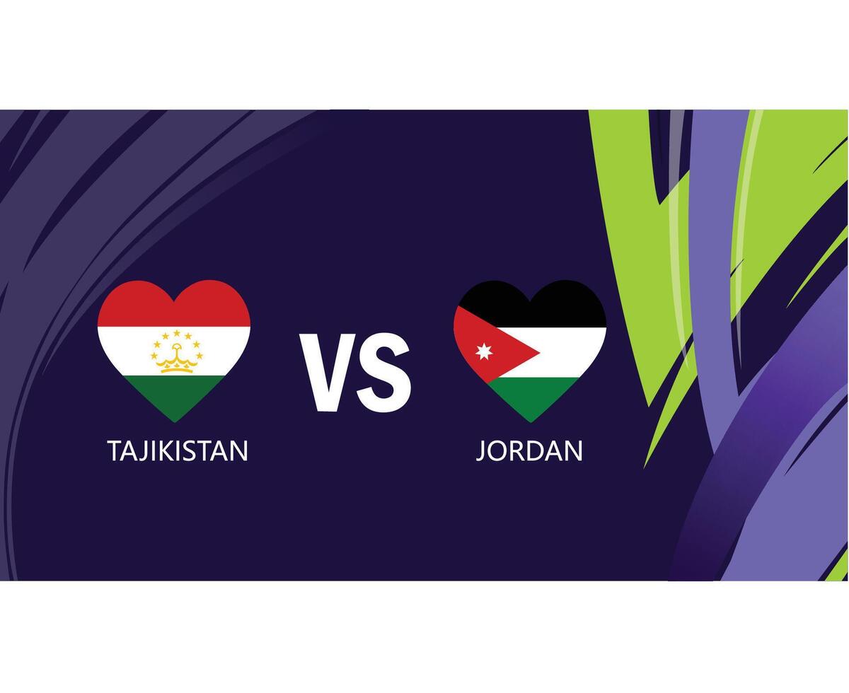 Tayikistán y jordania partido banderas corazón asiático naciones 2023 emblemas equipos países asiático fútbol americano símbolo logo diseño vector ilustración
