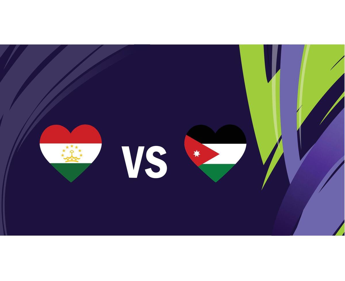 Tayikistán y jordania partido corazón banderas asiático naciones 2023 emblemas equipos países asiático fútbol americano símbolo logo diseño vector ilustración