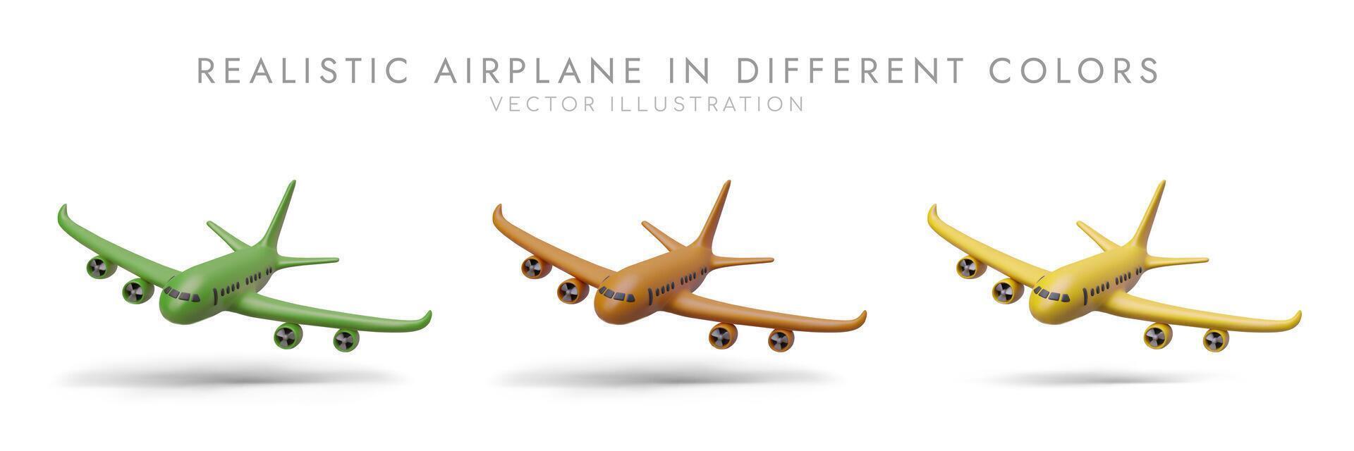 Set of realistic airplanes in different colors. Aviation at work vector