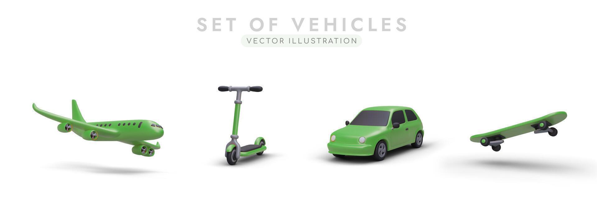 Set of vector 3D images of green color. Realistic airplane, scooter, car, skateboard with shadows