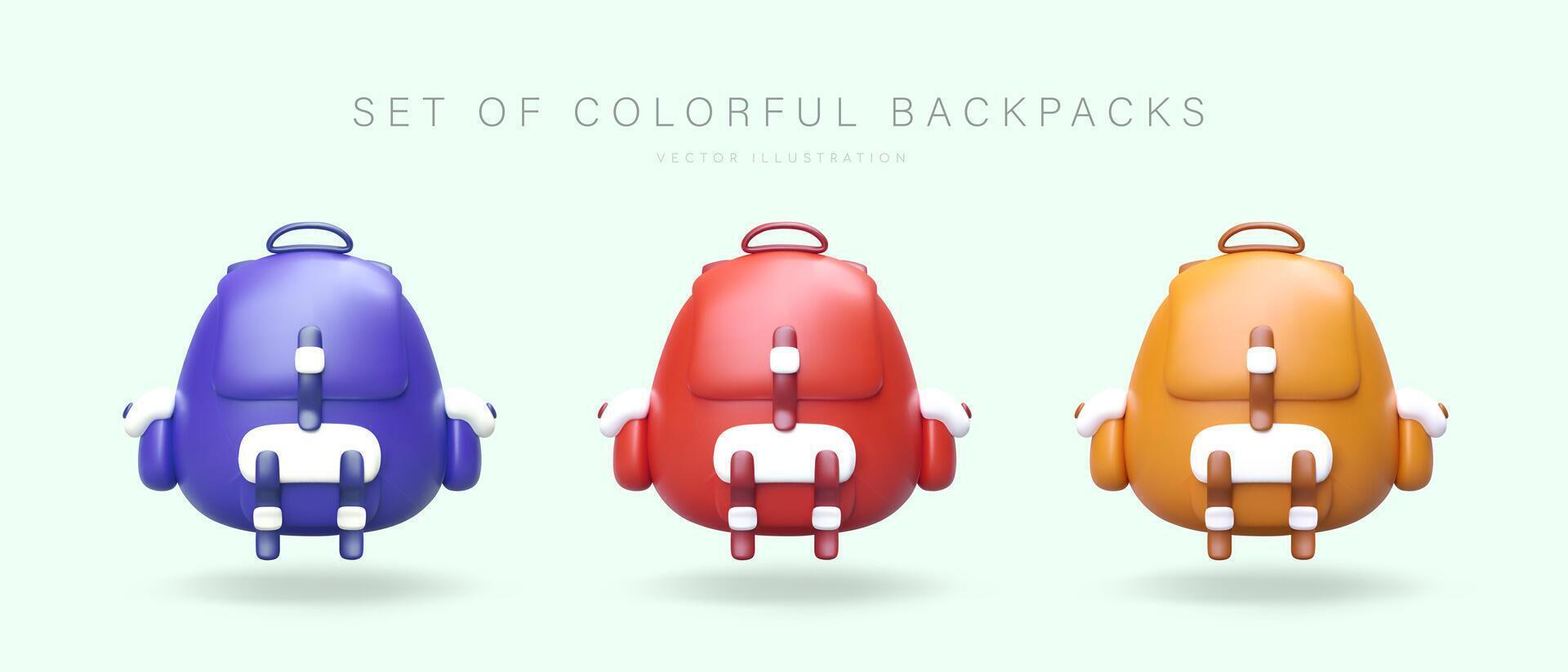 Set of 3D backpacks with shadows. Realistic shoulder bags in different colors, front view vector