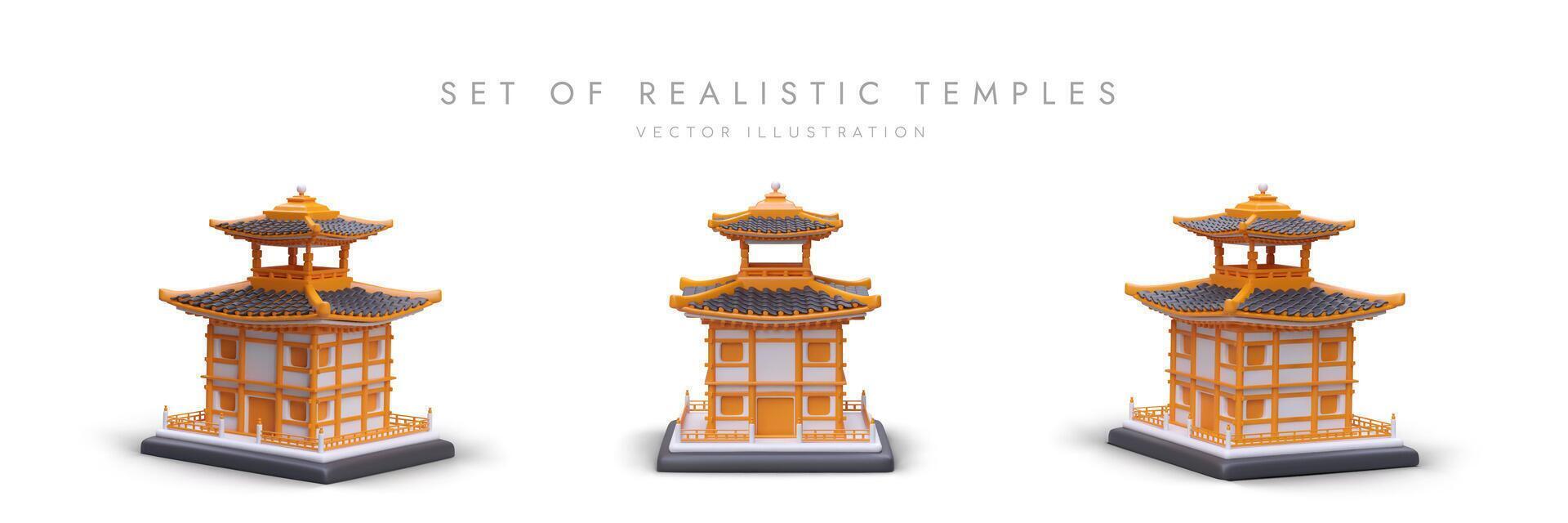 conjunto de realista pagodas en blanco antecedentes. aislado asiático ceremonial casas vector