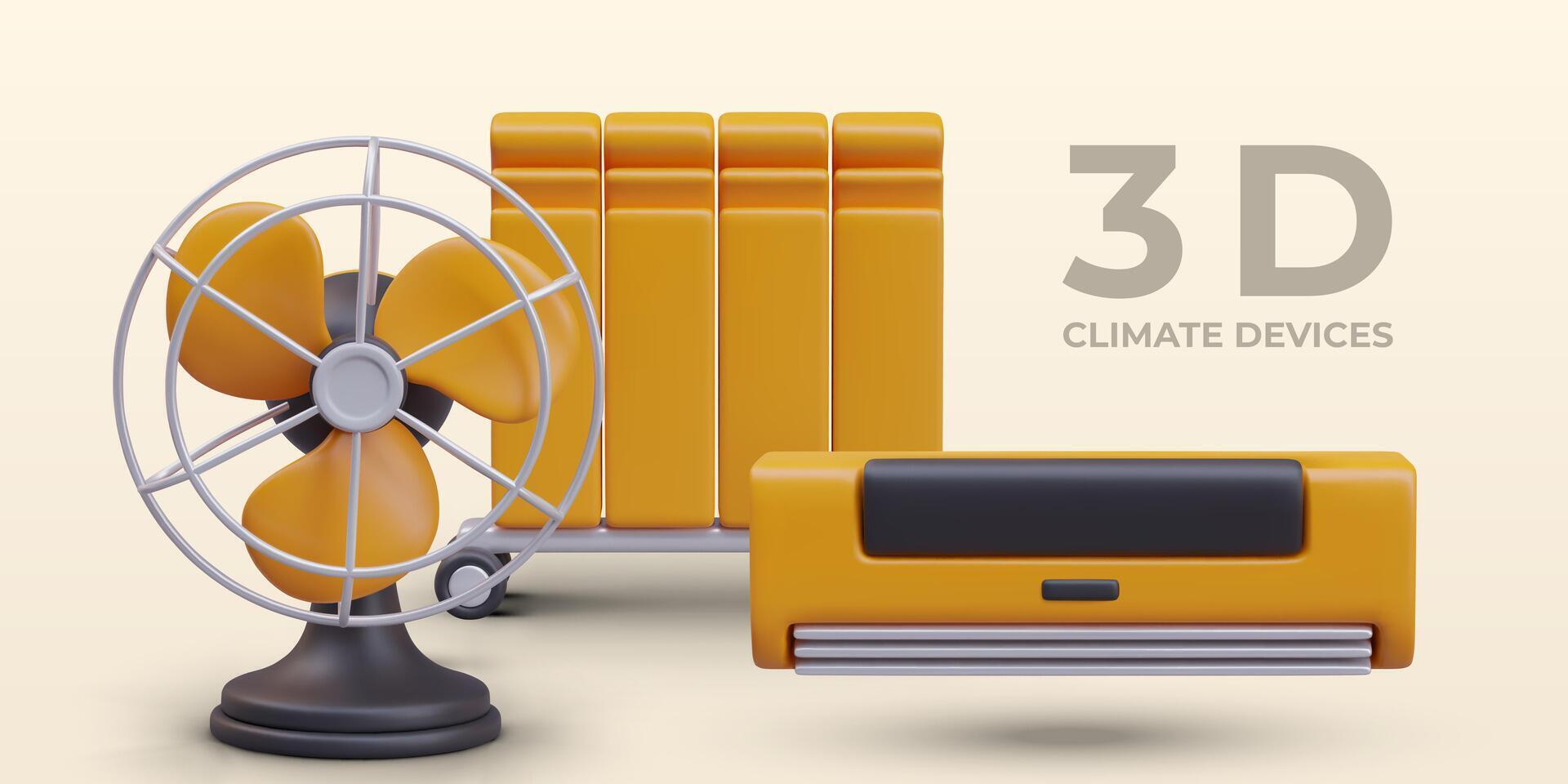 Set of climate devices for home and office. Air conditioner, fan, radiator on wheels vector