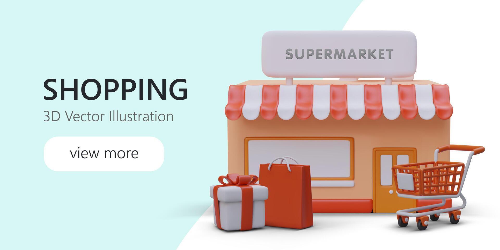 3d supermarket with orange cart and shopping box near. Advertising poster for online store vector