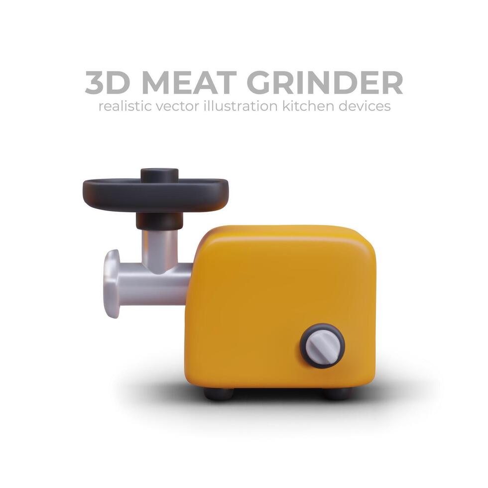 Realistic electrical meat grinder in yellow colors on white background with place for text vector