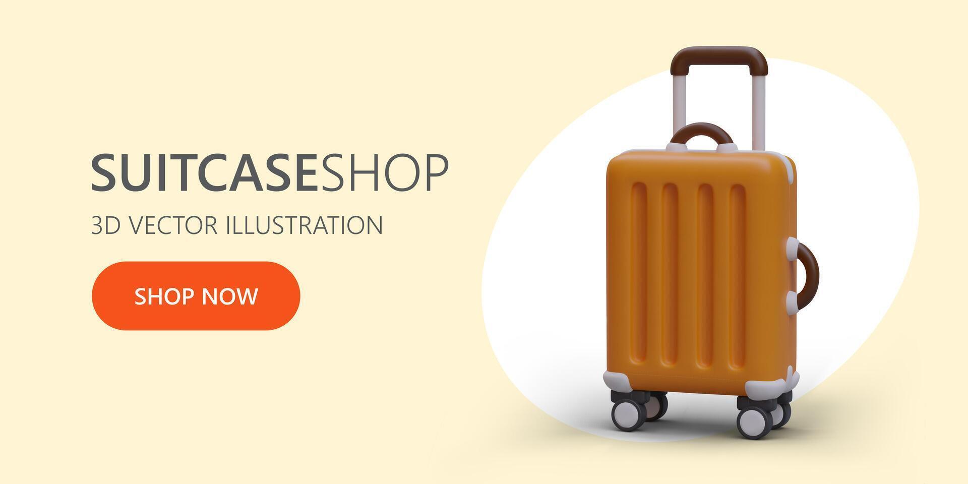 Color horizontal banner with 3D trolley case. Sale of suitcases for luggage transportation vector