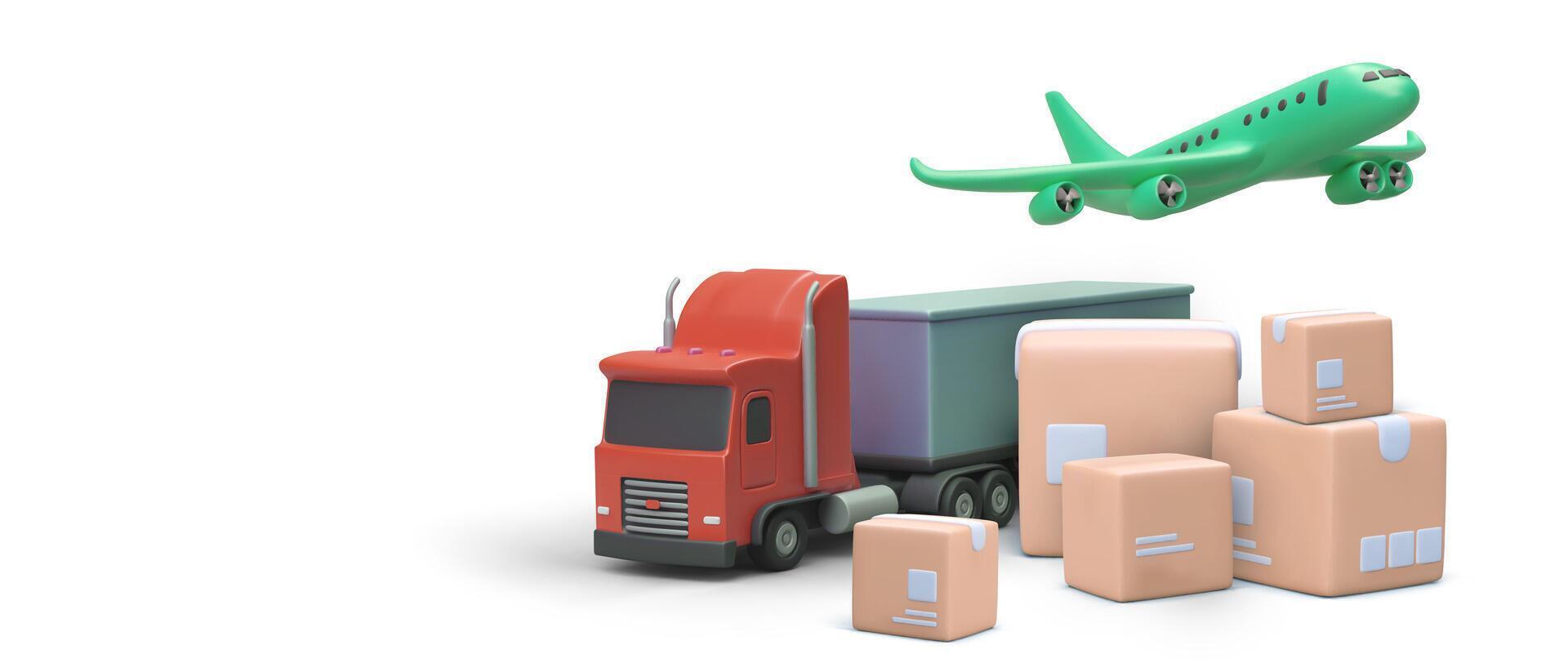 Composition of 3D plane, truck, pile of boxes. Vector illustration for advertising transportation