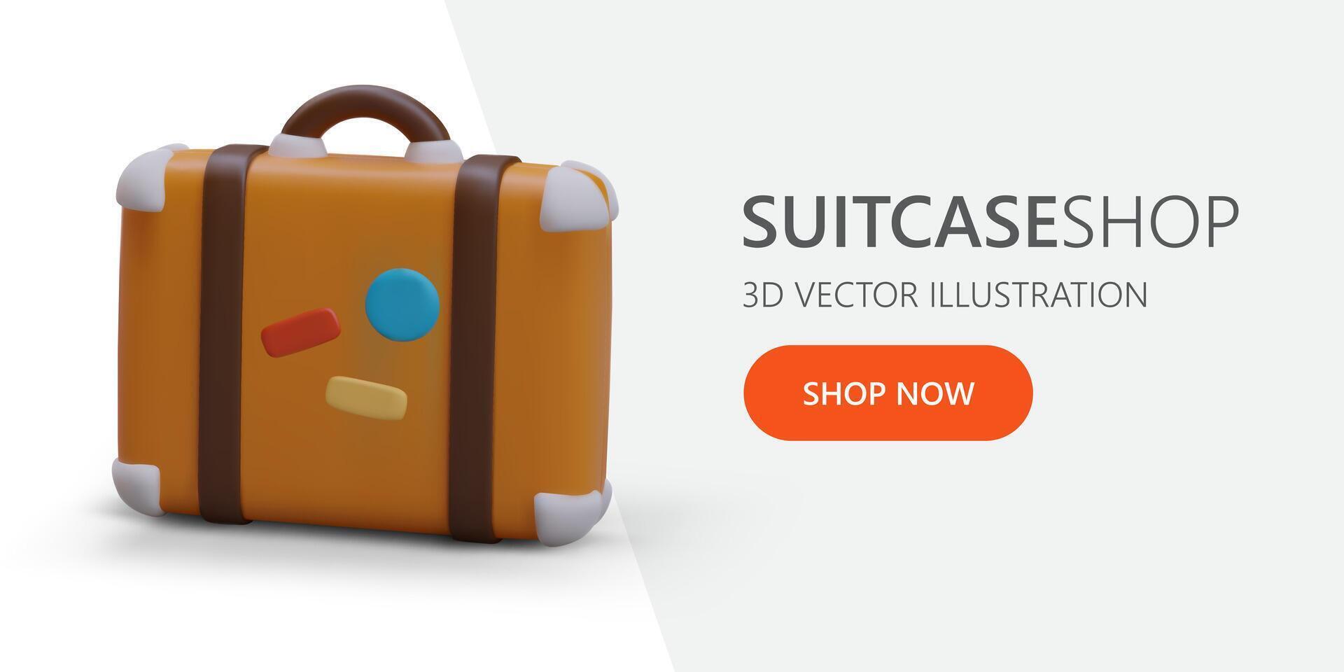 3D suitcase with travel stickers. Bags for trip. Small suitcases for hand luggage vector