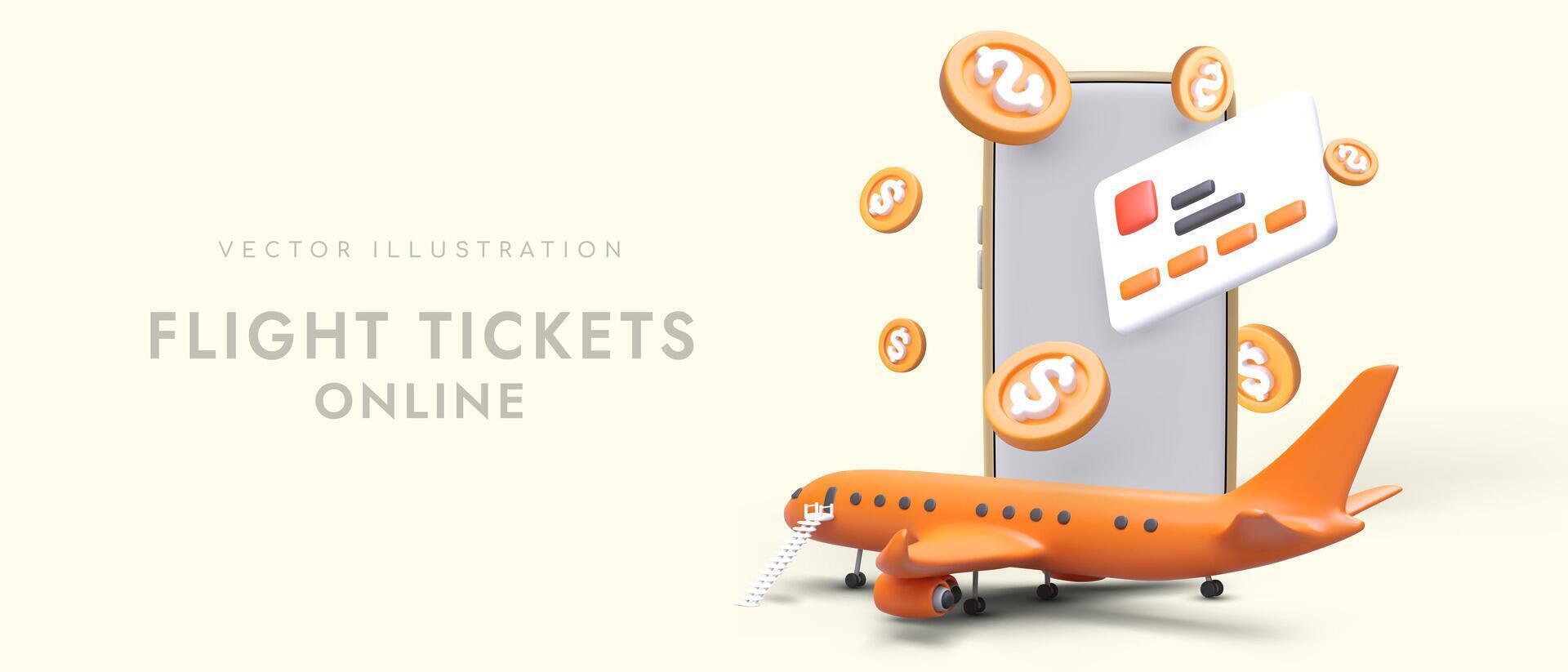 Realistic cartoon airplane, big smartphone and credit card. Paying online, buying airplane tickets vector