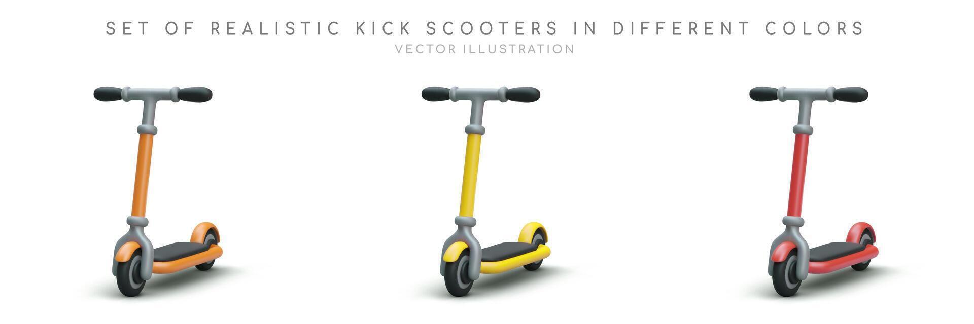 Set of realistic 3d kick scooter in different colors. Rent and vehicle sale concept vector