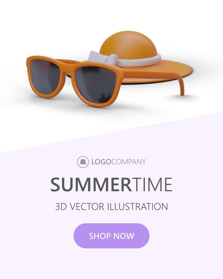 realista 3d Gafas de sol, sombrero y púrpura botón tienda ahora. aterrizaje página para en línea Tienda vector