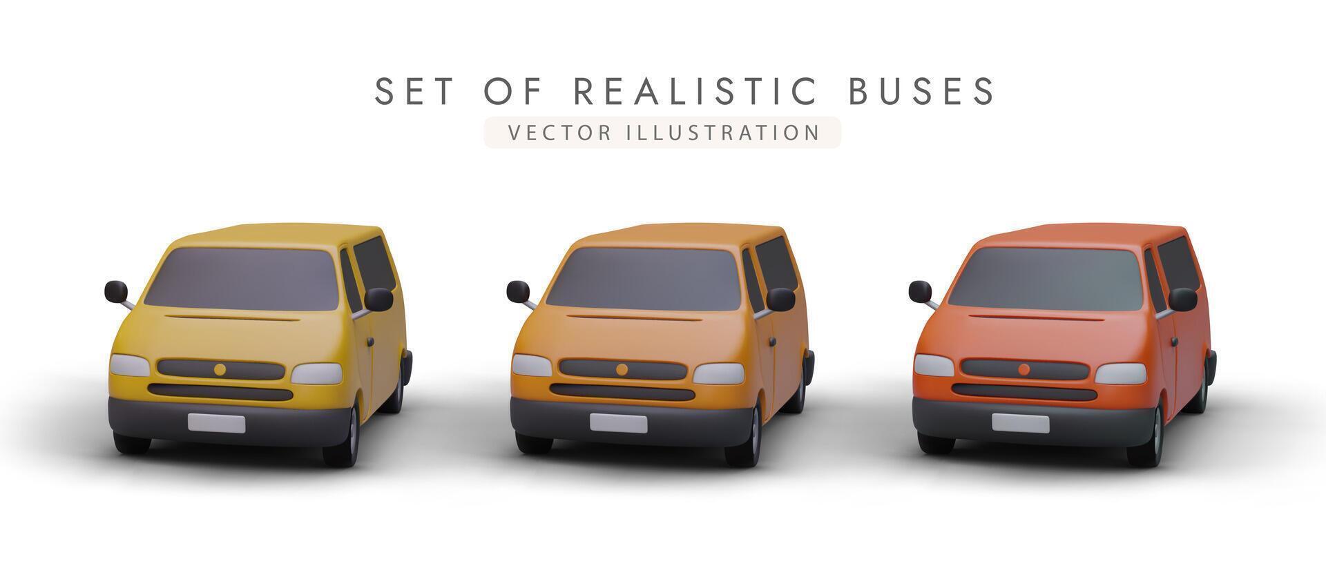 Set of realistic mini buses in different colors. Minivans for transporting groups of people vector