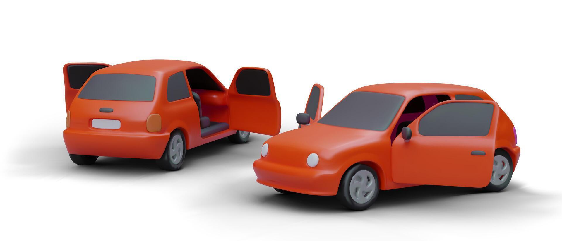 Cartoon 3d realistic cars with open doors in different positions. City transport concept vector