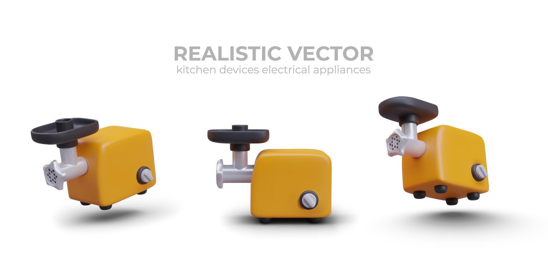 Yellow 3D meat grinder, front and side view. Kitchen equipment for preparing minced meat vector