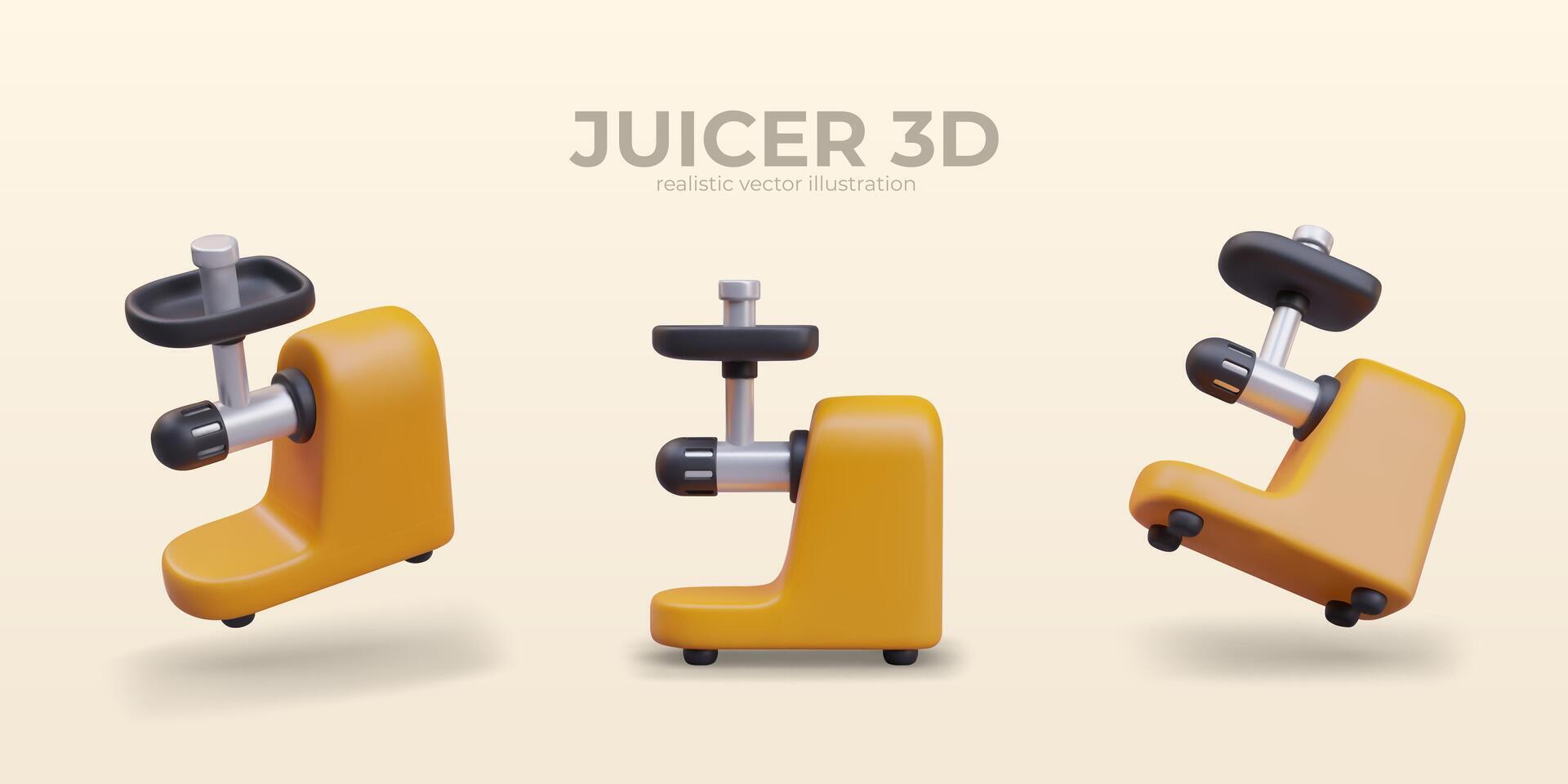 Realistic juicer in different positions. Poster with home appliance with yellow background vector